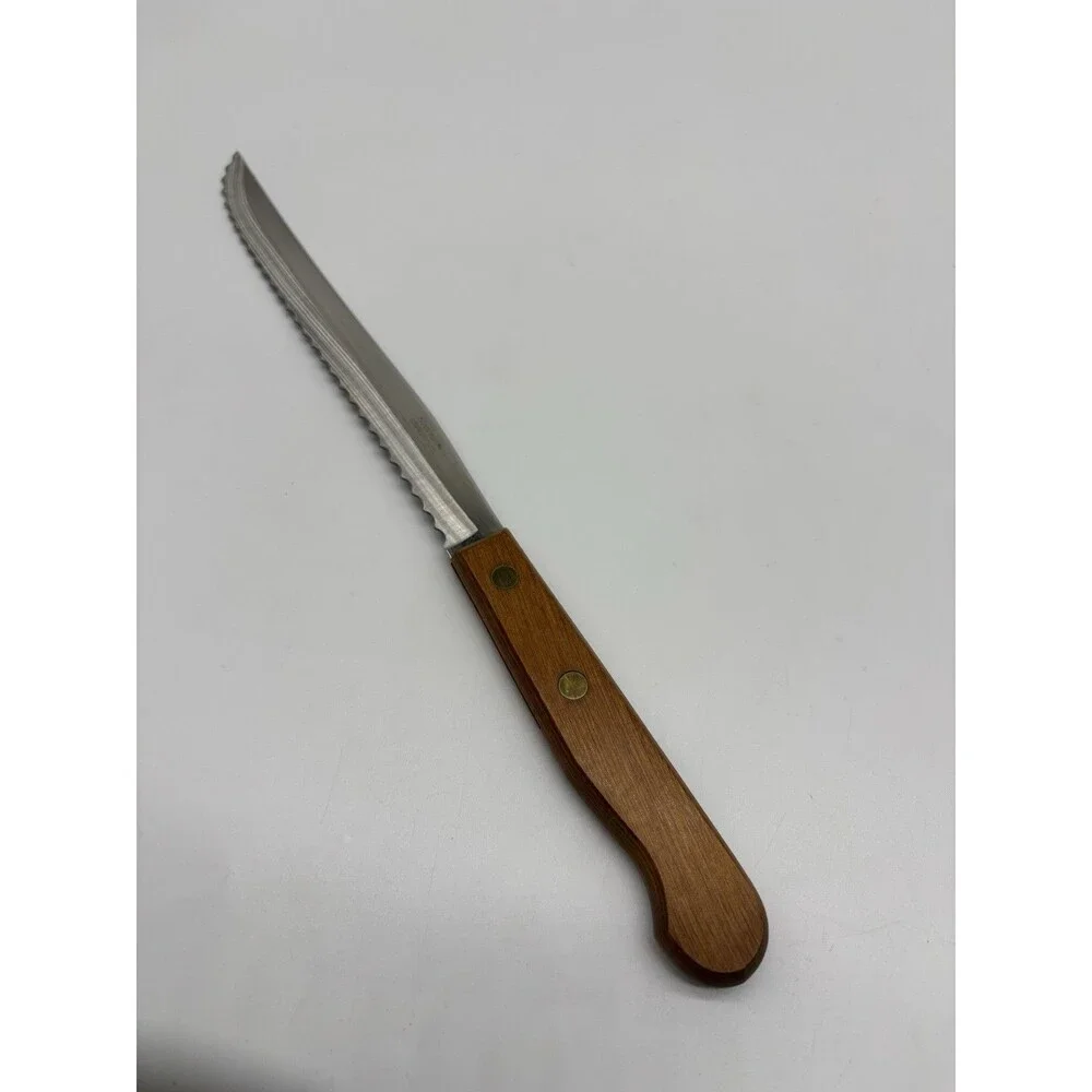 Vtg 12” Robinson Knife Co Slicer Carver Serrated Knife Wood Handle Brass Rivets